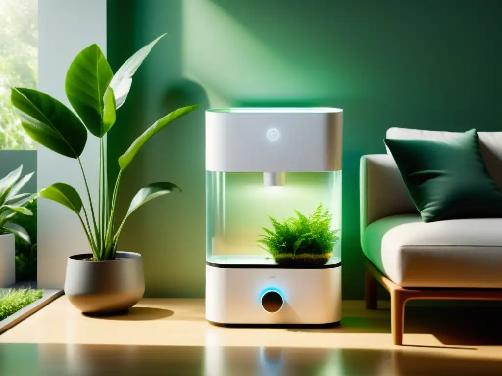 Un purificador de aire y agua moderno y elegante en un ambiente minimalista iluminado por el sol