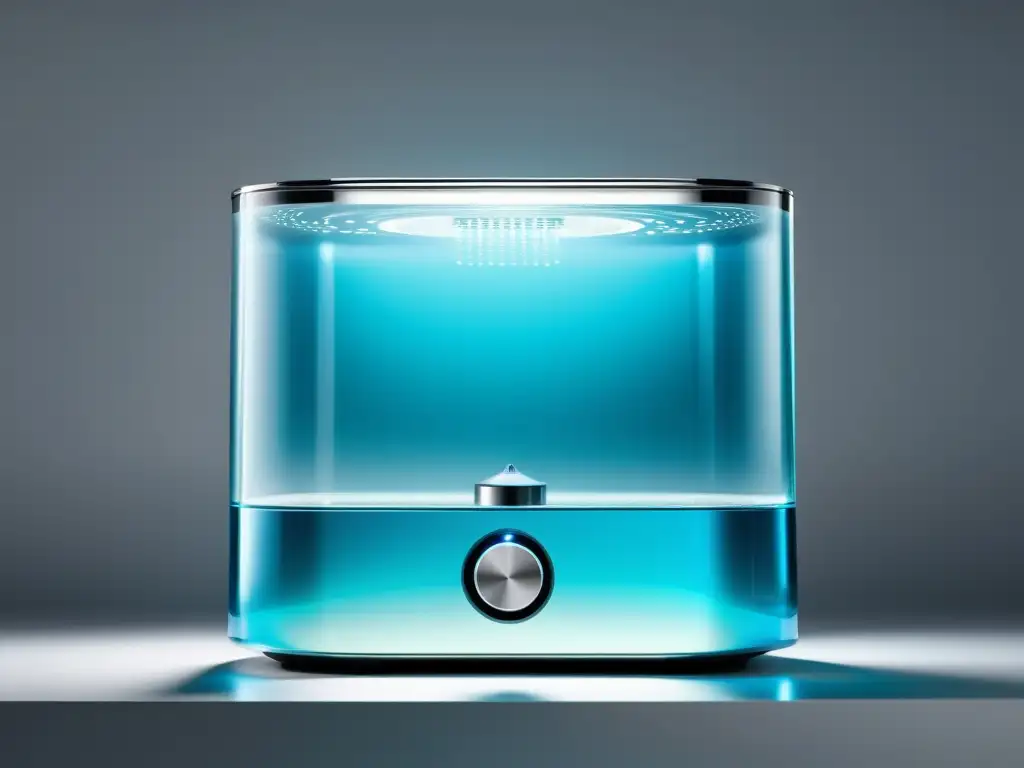 Un purificador de aire y agua ultramoderno en un elegante diseño minimalista, con tecnología avanzada y una suave luz ambiental