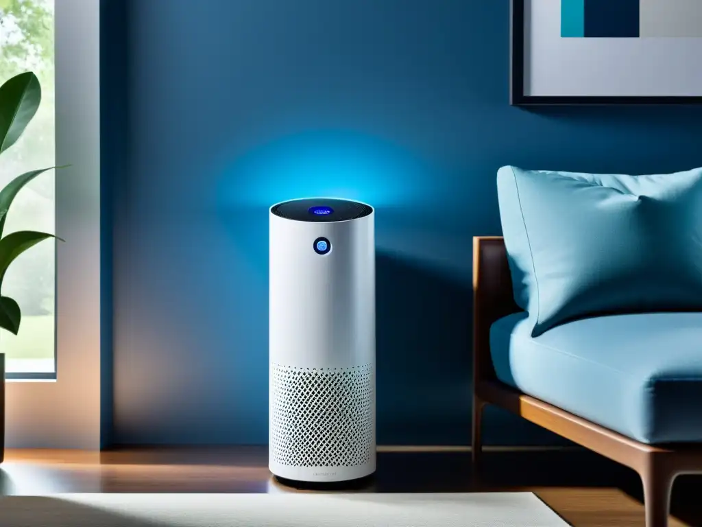 Purificador de aire de alta tecnología en ambiente moderno Un purificador de aire de alta tecnología en un elegante salón moderno, emitiendo una suave luz azul mientras elimina alérgenos del aire