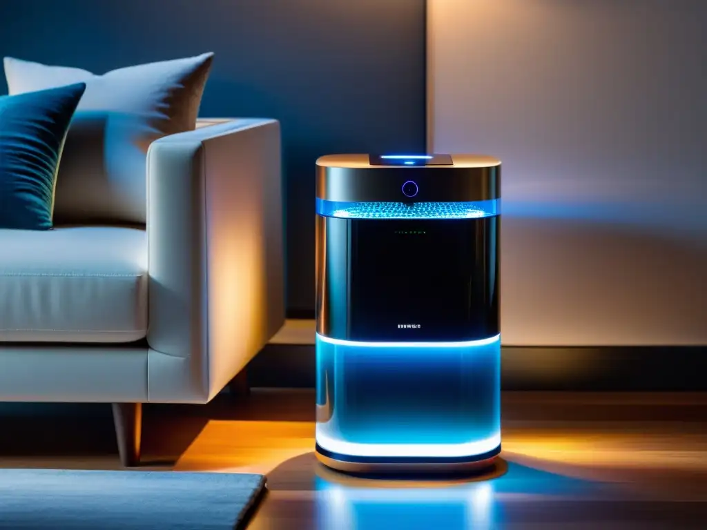 Purificador de aire de alta tecnología: elegante y futurista Un purificador de aire de alta tecnología en un elegante y minimalista entorno de madera, emitiendo una atmósfera futurista y calmante