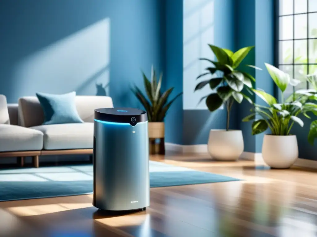 Purificador de aire y humidificador mejoran ambiente en sala moderna con elegante decoración y luz natural