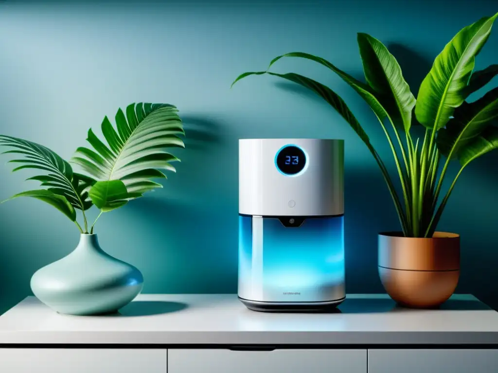 Purificador de aire moderno: frescura y vitalidad Un purificador de aire moderno con diseño minimalista emitiendo una suave luz azul, rodeado de plantas verdes
