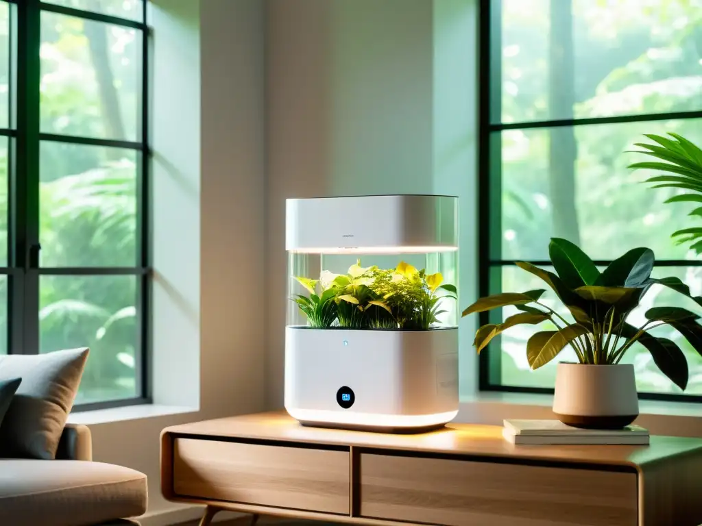 Un purificador de aire moderno y elegante en un ambiente minimalista, rodeado de plantas y muebles contemporáneos