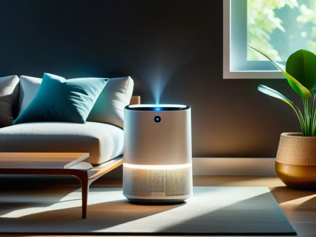 Air Purifier 8K: Elegante purificador de aire en acción Un purificador de aire moderno y elegante, en un ambiente acogedor y contemporáneo