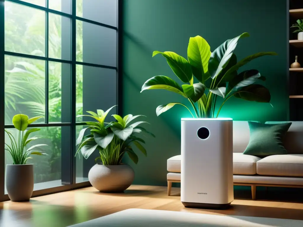 Un purificador de aire moderno con pantalla digital y luz ambiental en un elegante salón contemporáneo con plantas verdes exuberantes