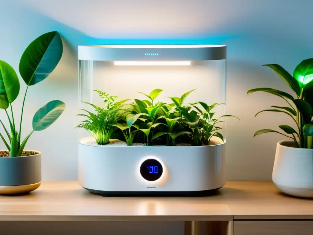 Un purificador de aire moderno con pantalla táctil y luz LED azul, rodeado de plantas verdes en un ambiente limpio y luminoso