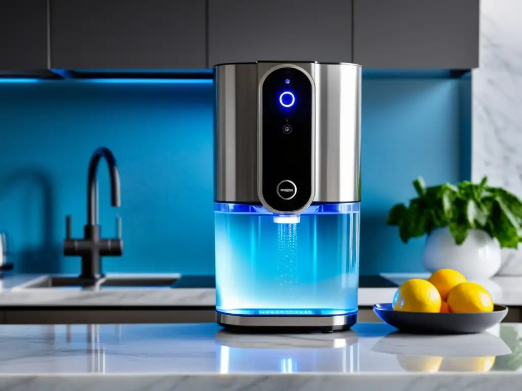 Un purificador moderno iluminado por luz azul, con agua purificada fluyendo