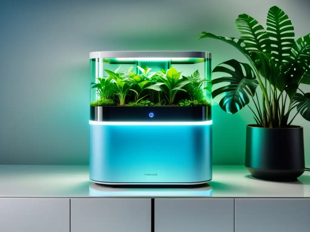 Un purificador moderno rodeado de plantas, emite luz azul en un ambiente futurista