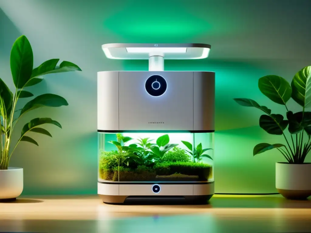 Purificador moderno rodeado de plantas verdes en un ambiente iluminado, cumpliendo con las normativas de seguridad para purificadores