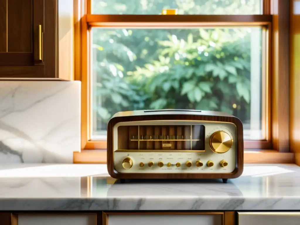 Radio vintage restaurada en una cocina moderna con luz matutina suave