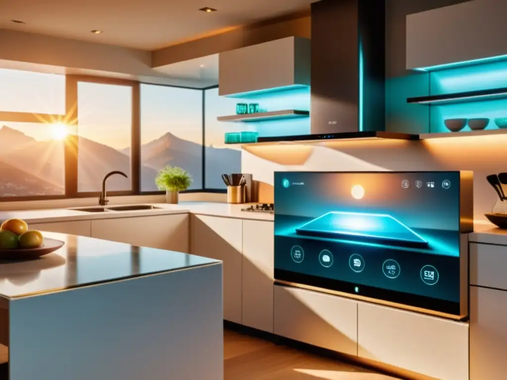 Realidad aumentada en electrodomésticos: Cocina moderna con gafas de realidad virtual y holograma de diagrama de electrodoméstico