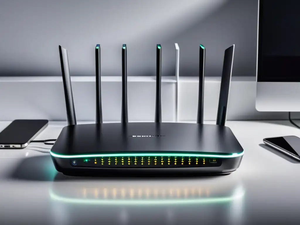 Una red doméstica impenetrable: un router moderno conectado a dispositivos de seguridad y tecnología, organizados en un entorno limpio y ordenado