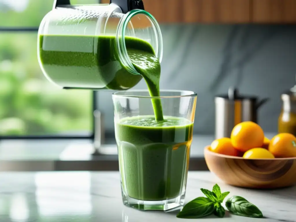 Un refrescante smoothie verde se vierte en un vaso, con gotas suspendidas en el aire