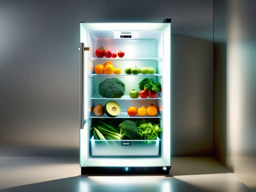 Refrigeración innovadora para alimentos frescos: nevera moderna con puerta de vidrio transparente y estantes organizados con frutas y verduras frescas