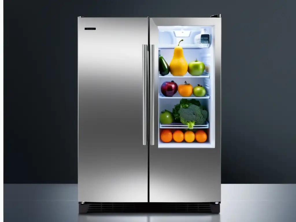 Refrigeración innovadora para alimentos frescos: Nevera moderna con frutas, verduras y lácteos frescos, iluminados y organizados en estantes