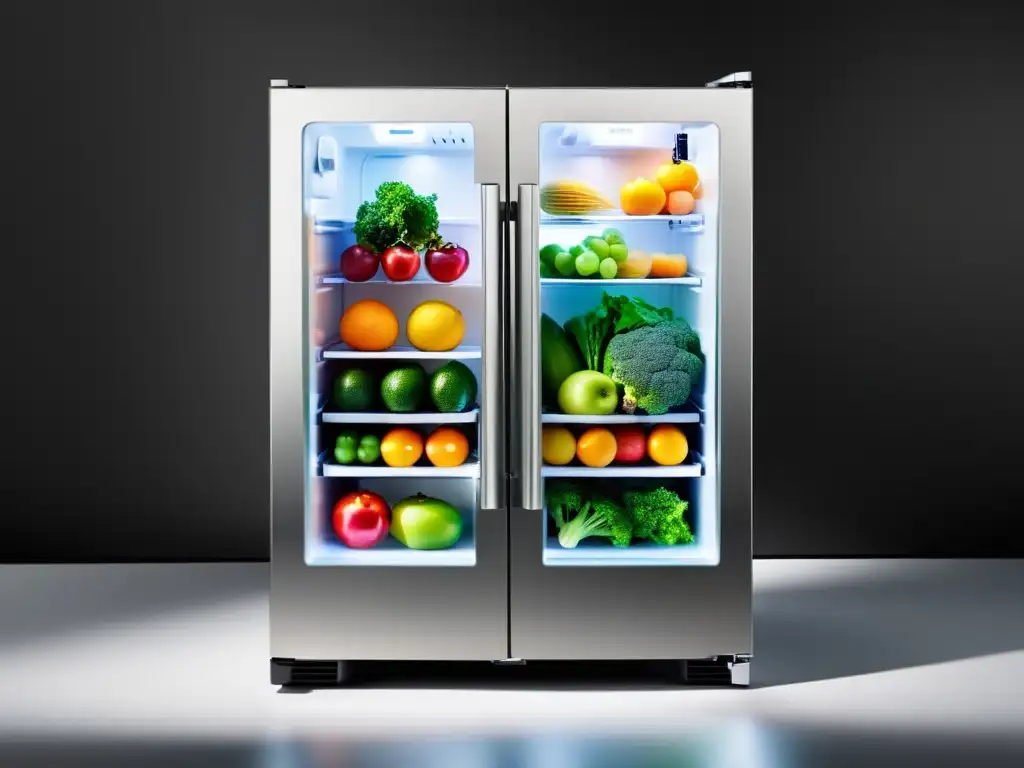 Refrigeración innovadora para alimentos frescos: nevera moderna con frutas, verduras y lácteos en un ambiente elegante y eficiente