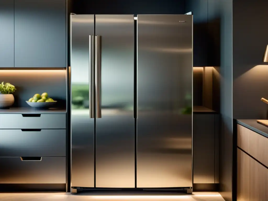 Refrigerador de acero inoxidable con acabados metálicos para cocina en ambiente minimalista y luminoso