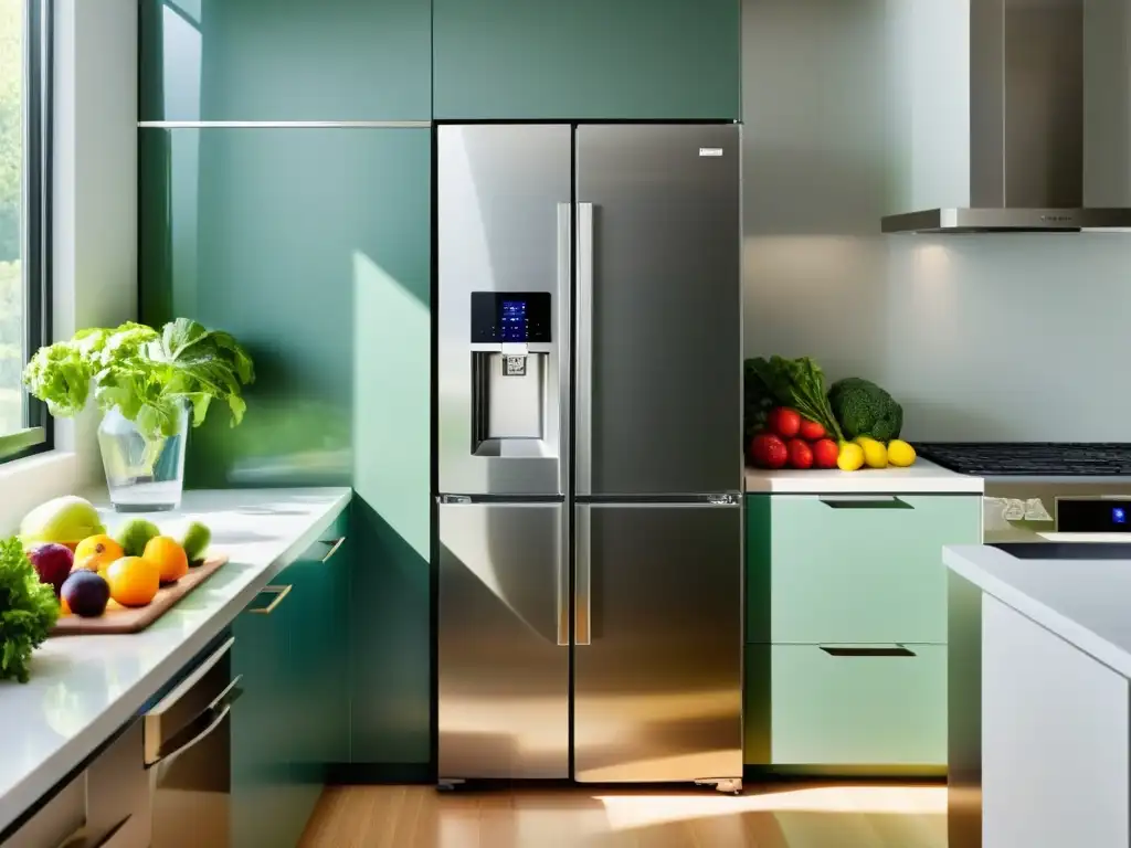 Refrigerador de acero inoxidable con frutas y verduras vibrantes en contenedores de vidrio, iluminación suave