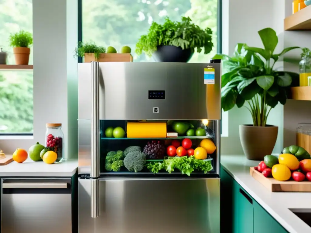 Refrigerador de acero inoxidable con frutas y verduras en recipientes de vidrio