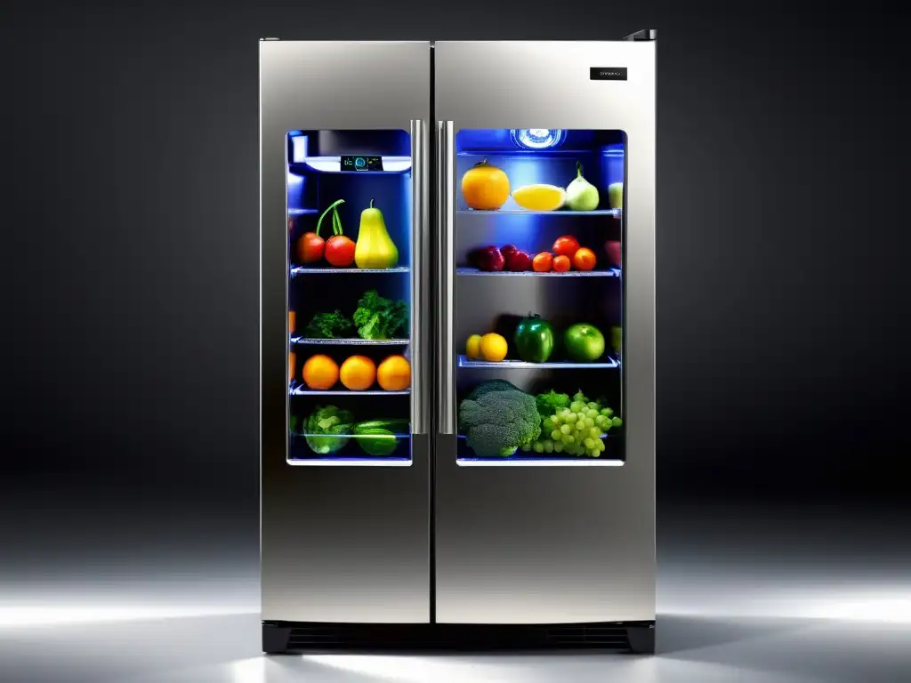 Refrigerador de acero inoxidable con frutas, verduras y lácteos organizados, proyecta eficiencia y lujo para hogares contemporáneos