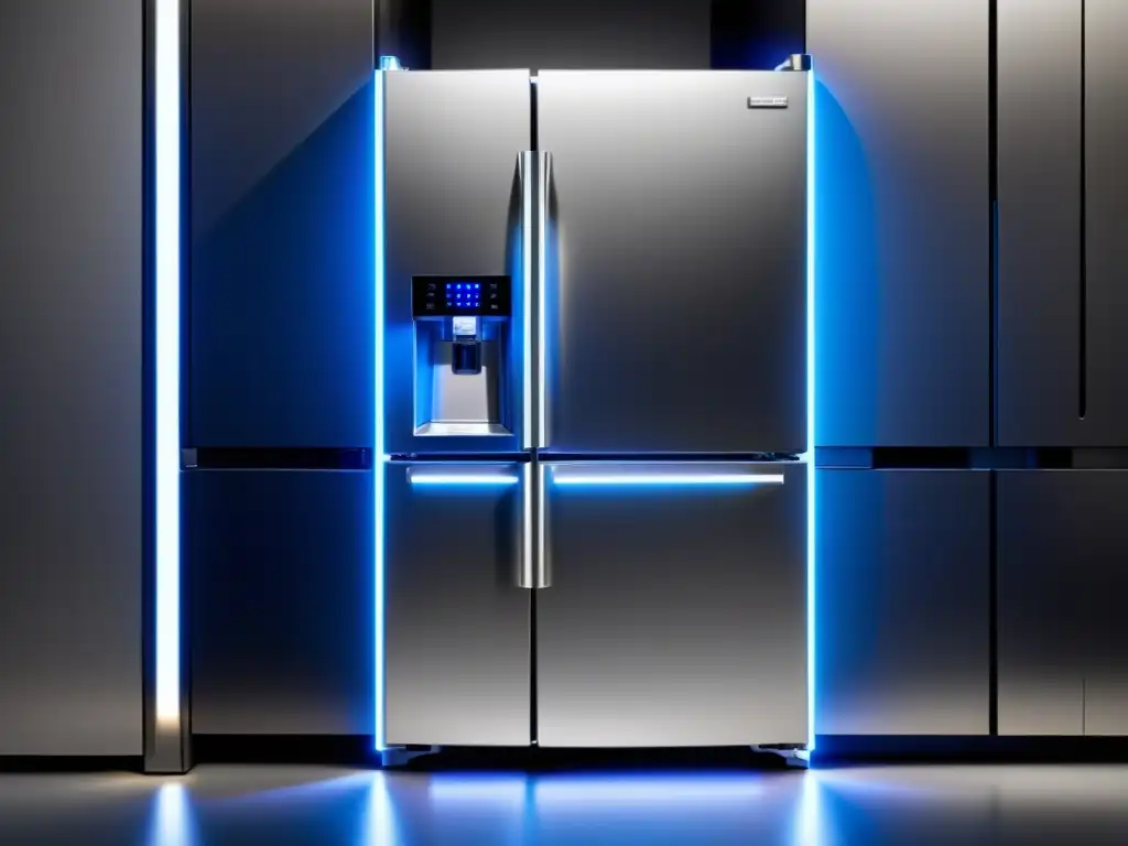 Un refrigerador de acero inoxidable con instalación de tiras LED, creando un ambiente moderno en la cocina