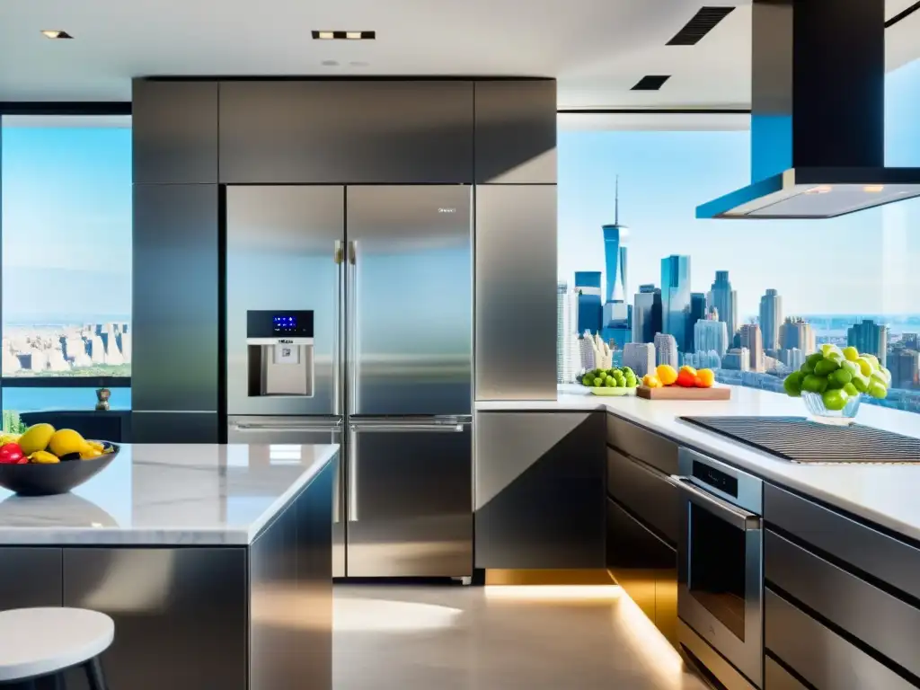 Refrigerador de acero inoxidable de lujo en cocina amplia y elegante con vista a la ciudad