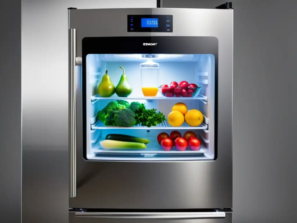 Refrigerador de acero inoxidable moderno con sellador al vacío integrado, iluminado con LED, mostrando alimentos frescos y sellados al vacío