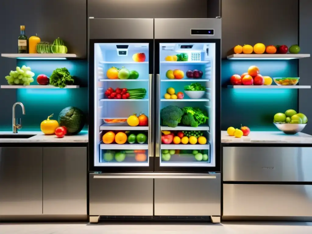 Refrigerador de acero inoxidable moderno y elegante con frutas y verduras coloridas en estantes organizados, iluminado por LED suave