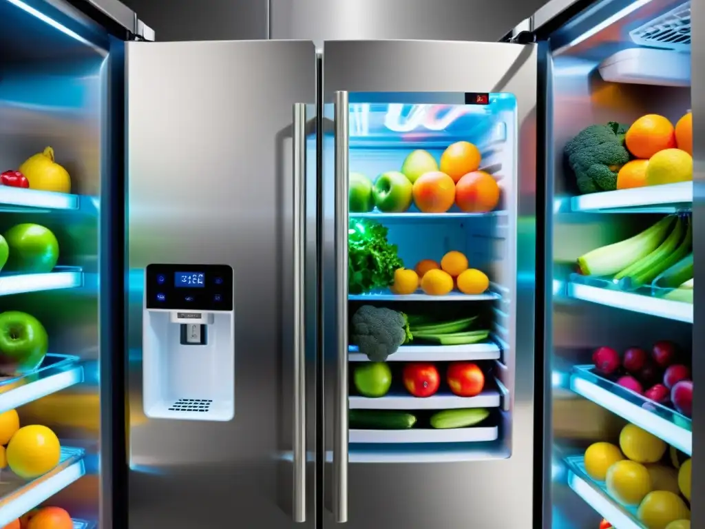 Un refrigerador de acero inoxidable con pantalla táctil y luces LED, rebosante de frutas y verduras frescas