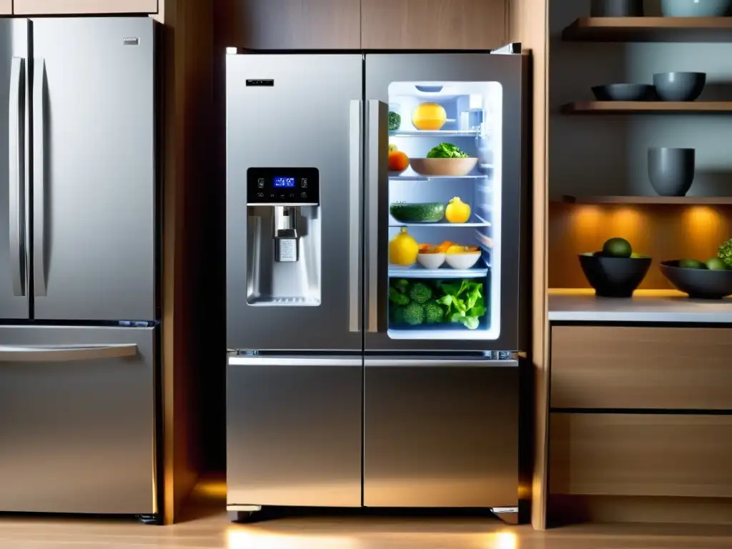 Refrigerador de acero inoxidable con sellador al vacío integrado, iluminado por LED y mostrando alimentos organizados al vacío