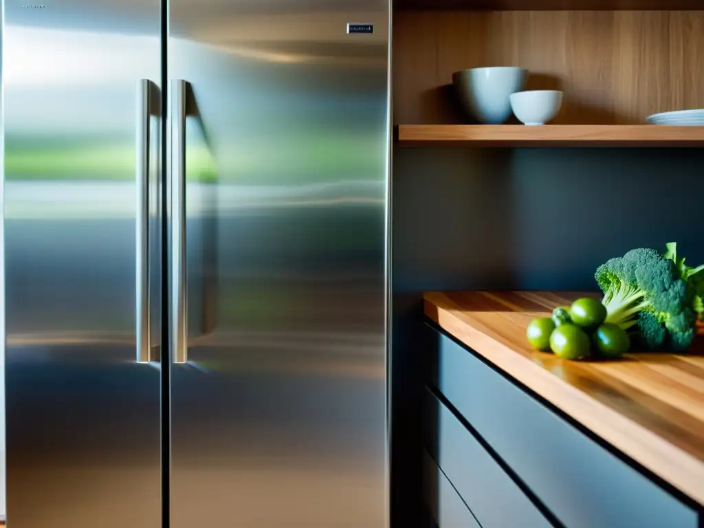 Refrigerador de acero inoxidable con superficie antibacteriana y sin huellas dactilares, en una cocina moderna y limpia