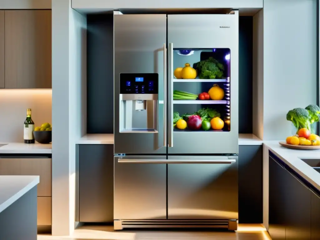 Refrigerador de acero inoxidable con tecnología de hogar inteligente, organizado y moderno