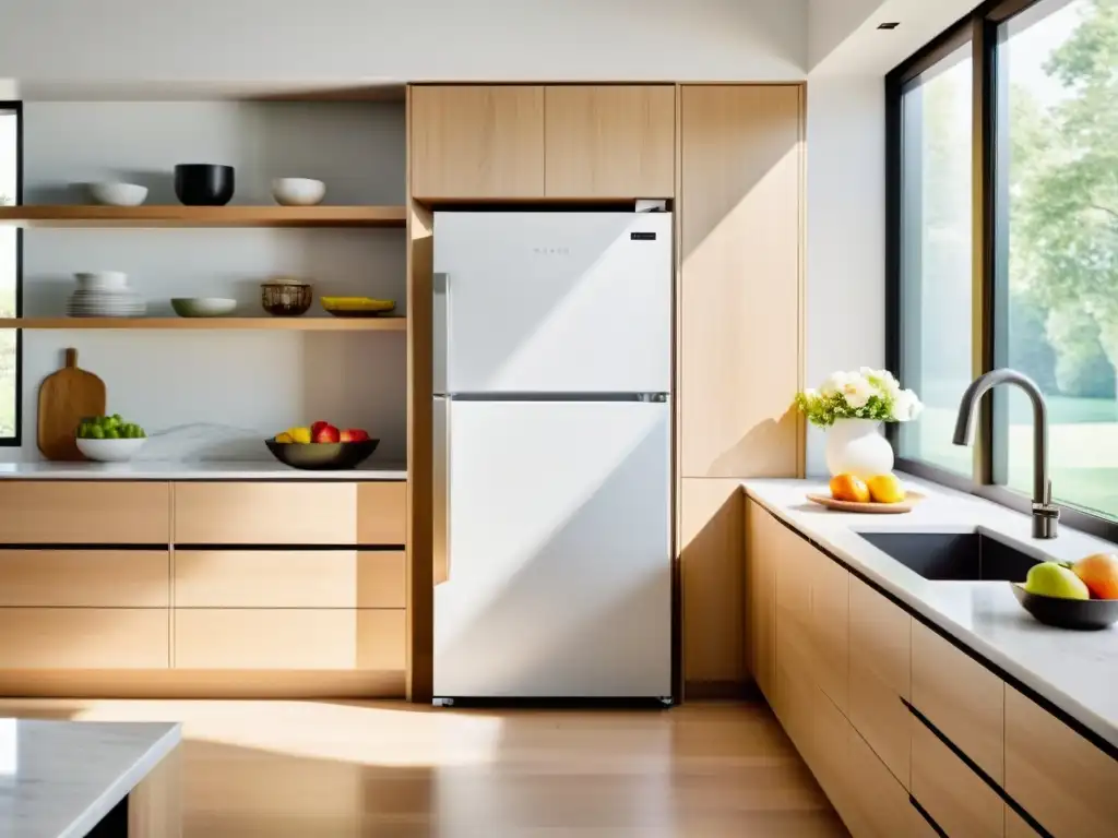 Un refrigerador blanco de diseño escandinavo en una cocina luminosa con detalles en mármol y madera