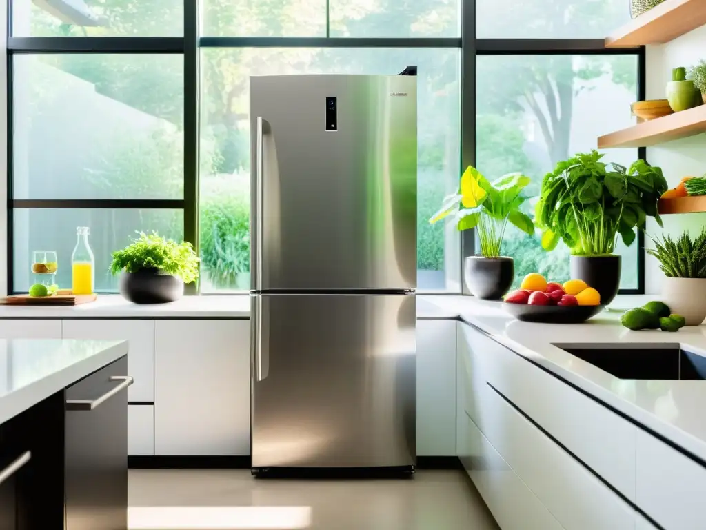 Un refrigerador blanco reluciente con líneas modernas en una cocina soleada, rodeado de plantas verdes y productos frescos