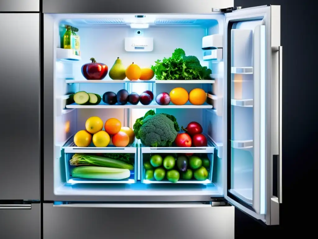 Refrigerador con compartimientos especiales para frutas y verduras, iluminados con LED y organizados con elegancia y eficiencia