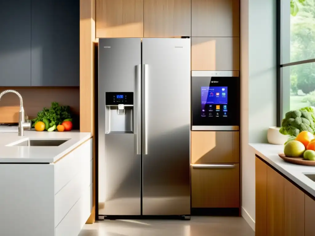 Refrigerador de bajo consumo energético con frutas y verduras frescas en una cocina moderna y acogedora