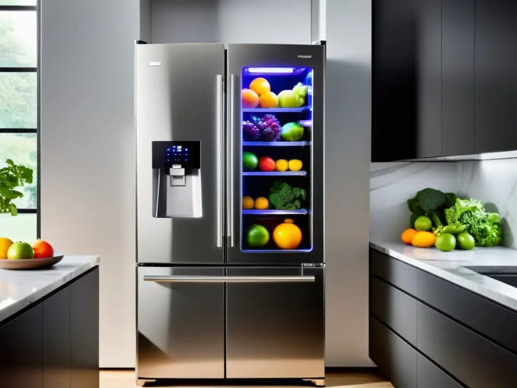 Refrigerador de diseño moderno y eficiente en cocina contemporánea con alimentos frescos