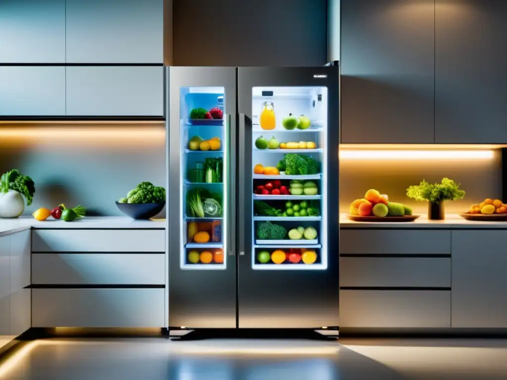 Un refrigerador de diseño moderno con puerta de vidrio transparente, lleno de frutas y verduras coloridas, con una iluminación LED futurista