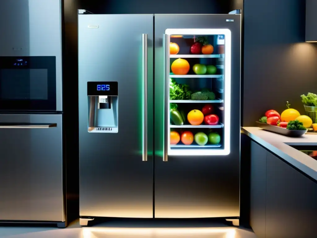 Refrigerador futurista con frutas y verduras coloridas, resaltando avances en conservación de alimentos y tecnología moderna en la cocina