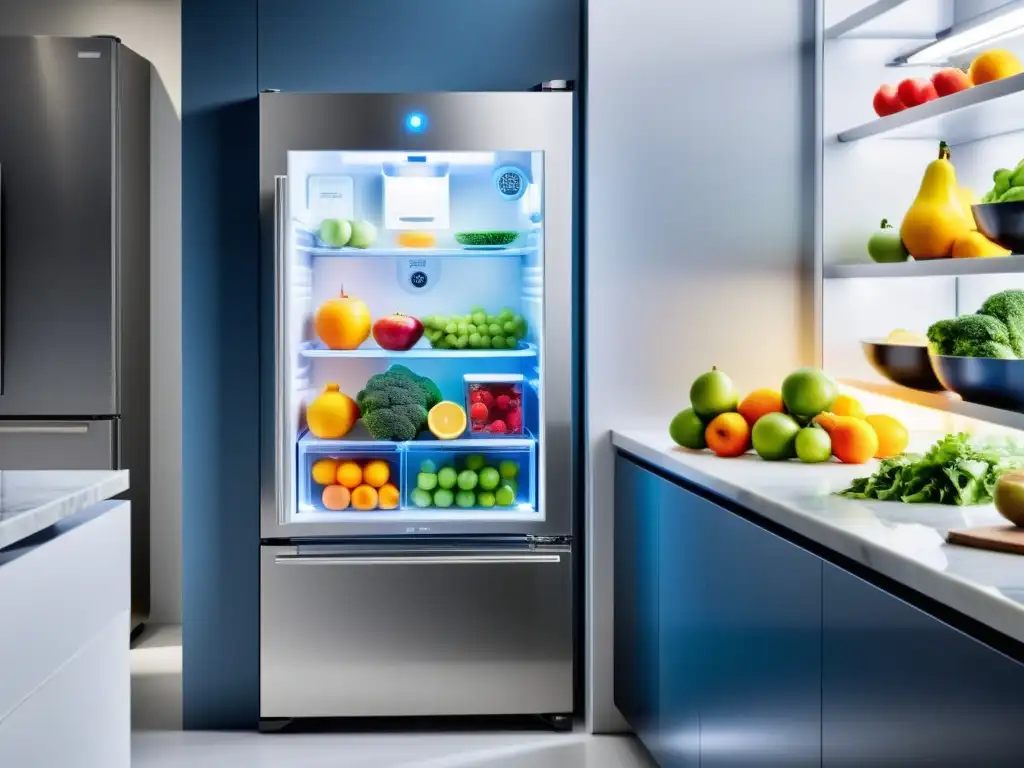 Refrigerador futurista con frutas, verduras y lácteos, iluminado con tecnología de ionización en refrigeración