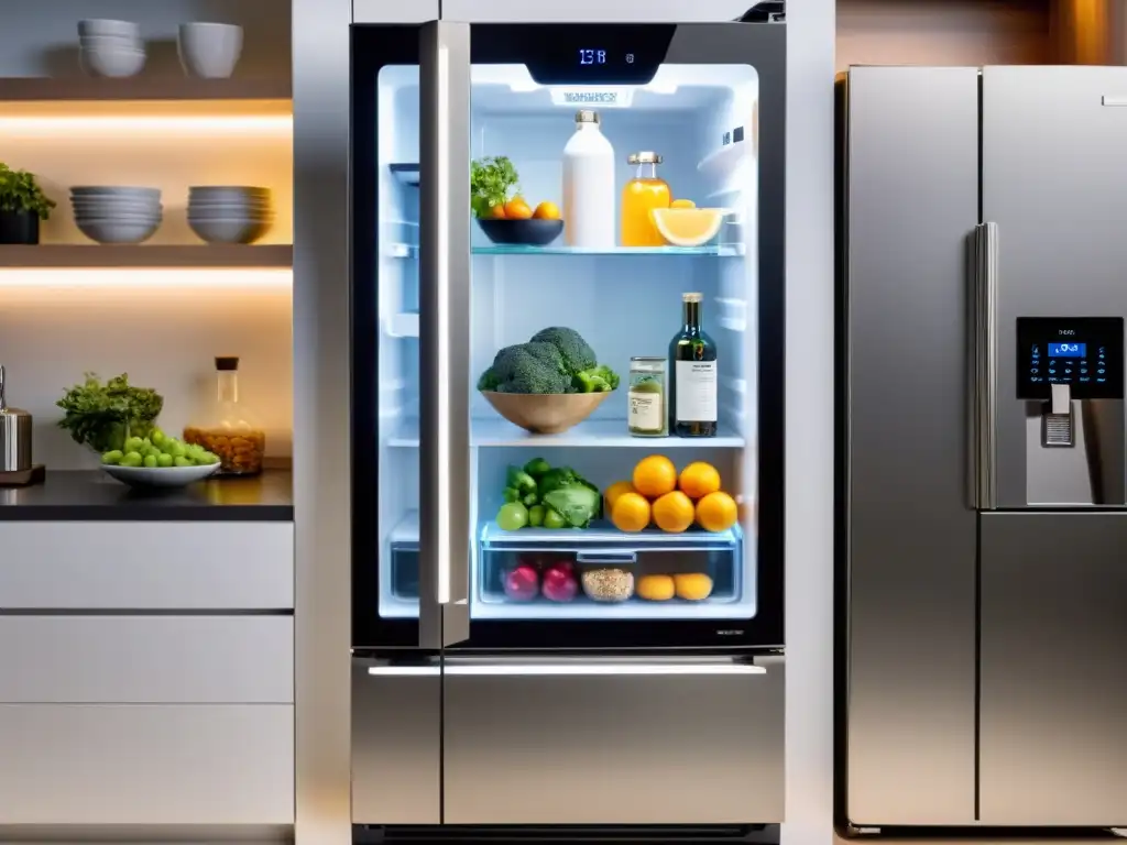 Refrigerador futurista con pantalla táctil transparente en la puerta, mostrando beneficios de la conectividad 5G en una cocina moderna y minimalista