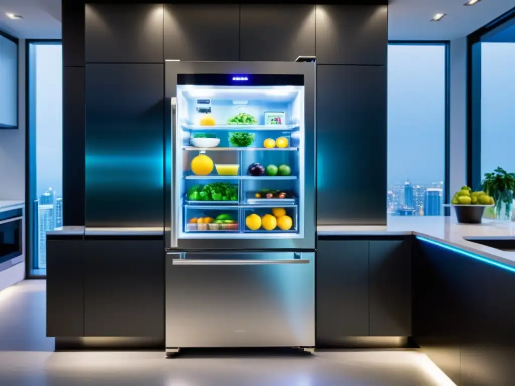 Refrigerador futurista con tecnología avanzada y diseño minimalista, iluminación LED colorida