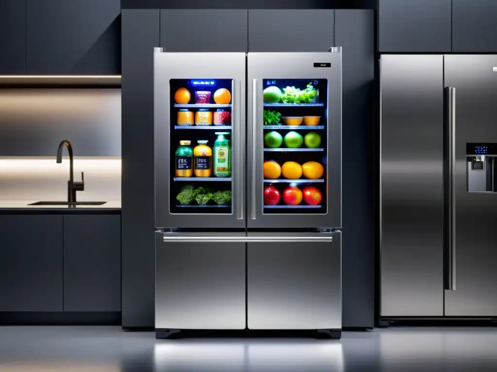 Un refrigerador inteligente de acero inoxidable con iluminación LED suave, pantalla táctil y alimentos organizados