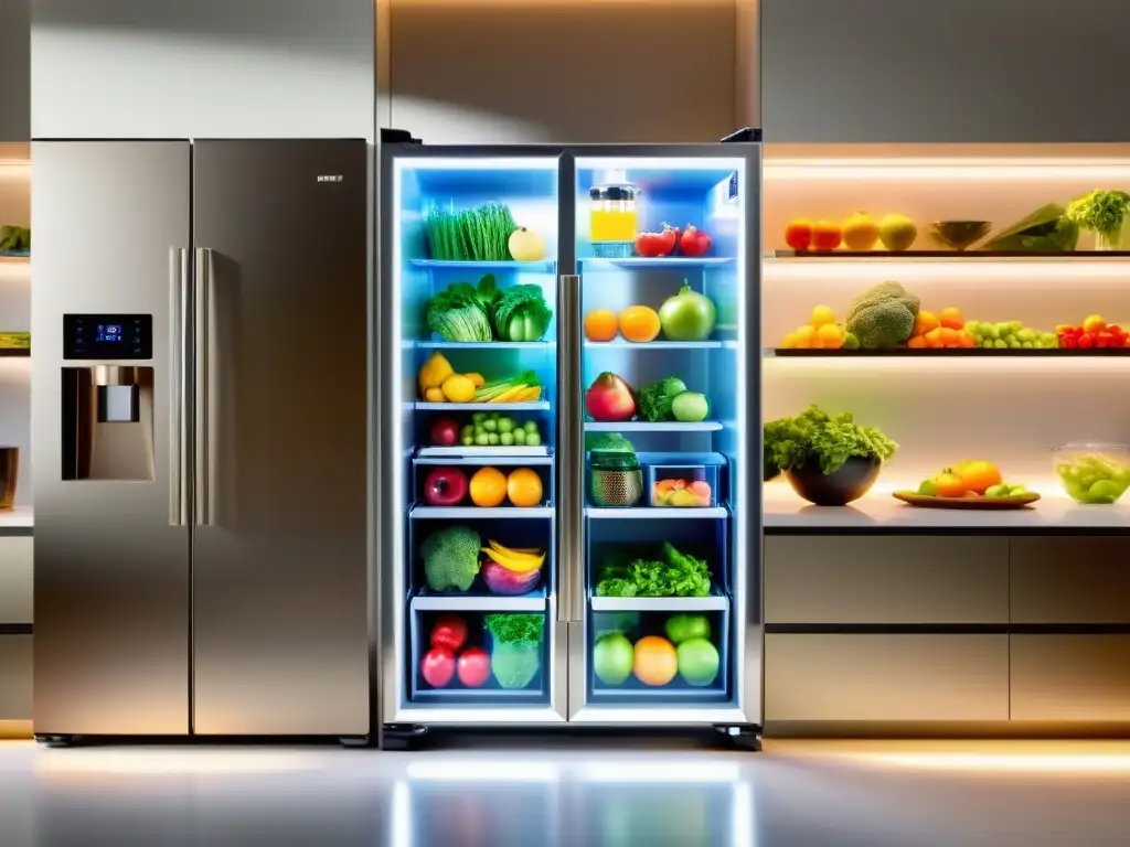 Refrigerador inteligente con ajustes ocultos, frutas y verduras organizadas en estantes, iluminado por LED en una cocina moderna y lujosa