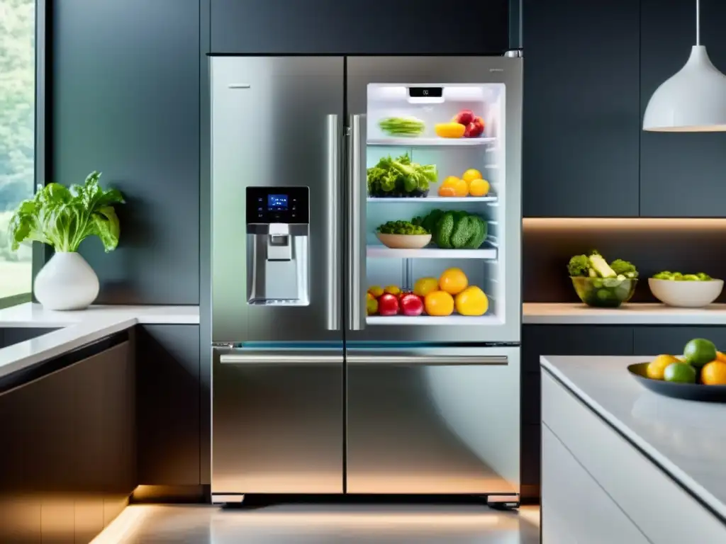 Refrigerador inteligente de alta tecnología con pantalla táctil integrada, luces LED y alimentos organizados en una cocina moderna y sofisticada