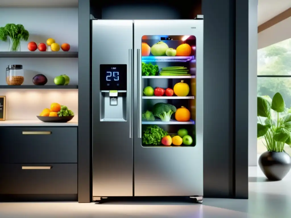 Refrigerador inteligente de alta tecnología con mantenimiento predictivo, mostrando frutas y verduras en un diseño moderno