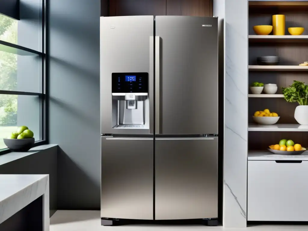 Refrigerador inteligente con análisis coste-beneficio, elegante y moderno en cocina contemporánea