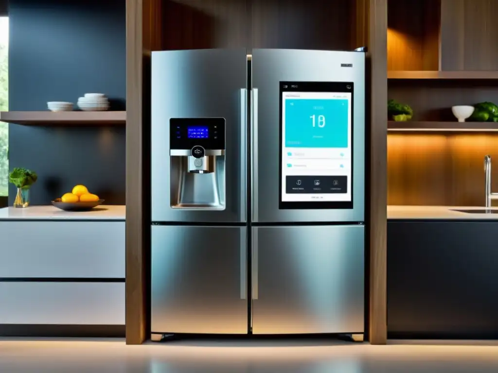 Refrigerador inteligente con ciberseguridad en cocina elegante