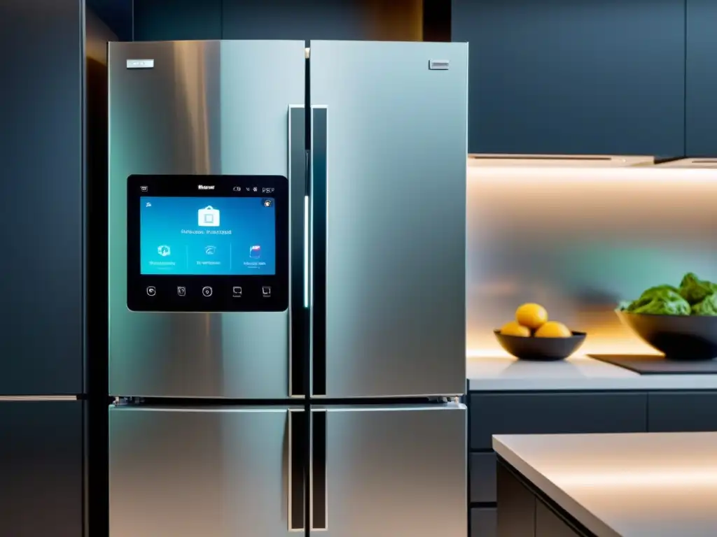 Refrigerador inteligente con ciberseguridad y electrodomésticos modernos en cocina de diseño contemporáneo