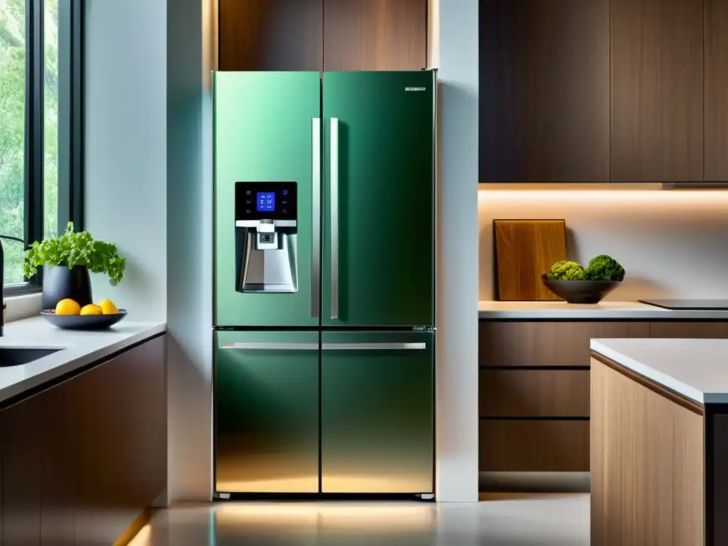 Un refrigerador inteligente en una cocina moderna y elegante con electrodomésticos de acero inoxidable de alta gama, iluminada con luz ambiental suave